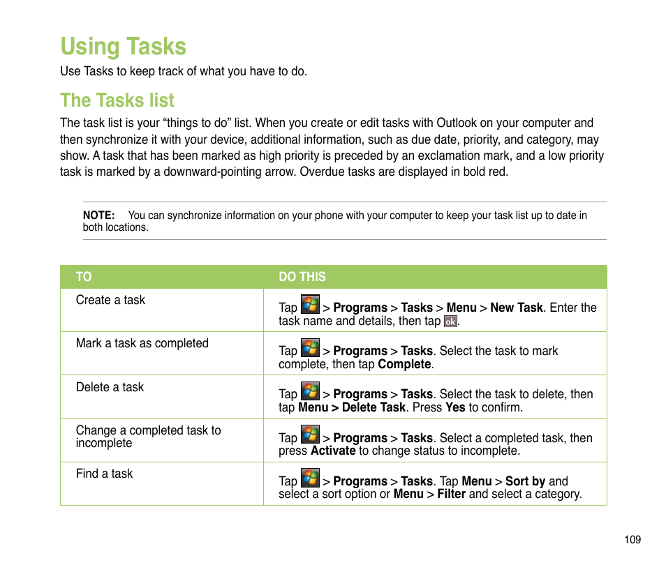 Using tasks, The tasks list | Asus P835 User Manual | Page 109 / 201