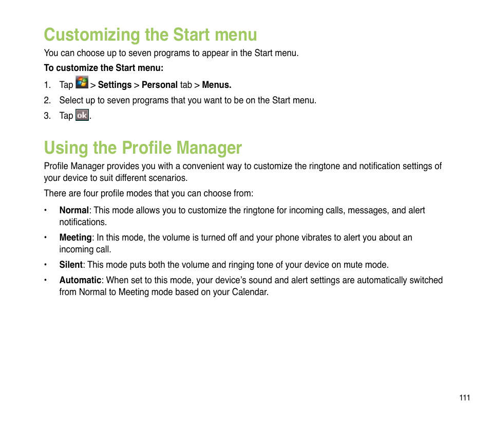 Customizing the start menu, Using the profile manager | Asus P835 User Manual | Page 111 / 201