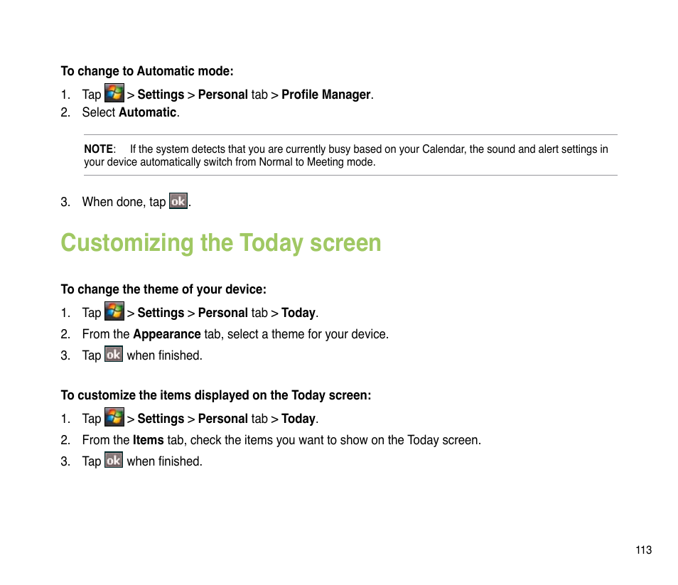 Customizing the today screen | Asus P835 User Manual | Page 113 / 201