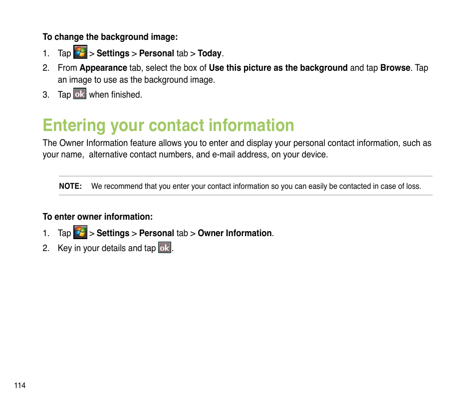 Entering your contact information | Asus P835 User Manual | Page 114 / 201