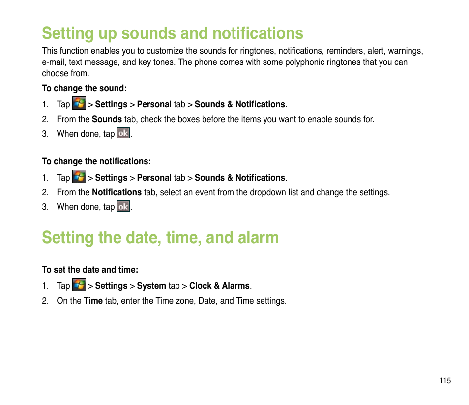 Setting up sounds and notifications, Setting the date, time, and alarm | Asus P835 User Manual | Page 115 / 201