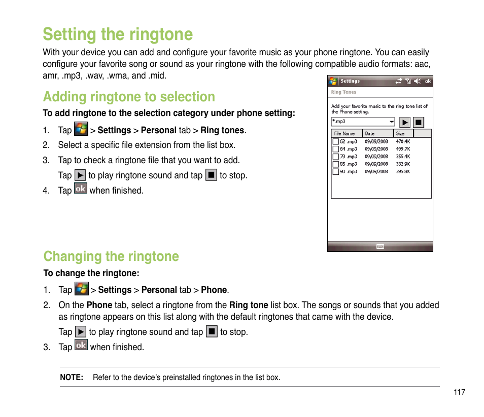 Setting the ringtone, Adding ringtone to selection, Changing the ringtone | Adding ringtone to selection changing the ringtone | Asus P835 User Manual | Page 117 / 201