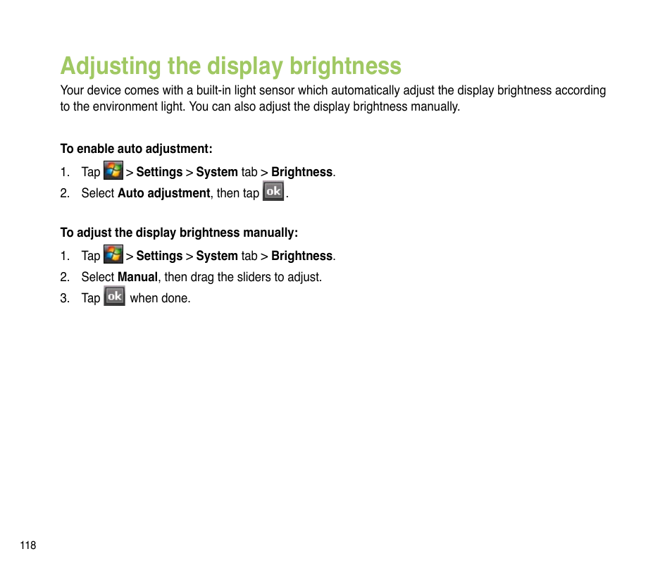 Adjusting the display brightness | Asus P835 User Manual | Page 118 / 201