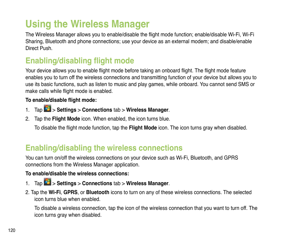 Using the wireless manager, Enabling/disabling flight mode, Enabling/disabling the wireless connections | Enabling/disabling flight mode 0, Enabling/disabling the wireless connections 0 | Asus P835 User Manual | Page 120 / 201