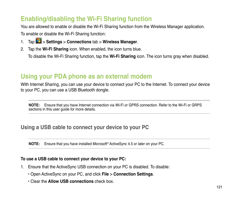 Enabling/disabling the wi-fi sharing function, Using your pda phone as an external modem | Asus P835 User Manual | Page 121 / 201