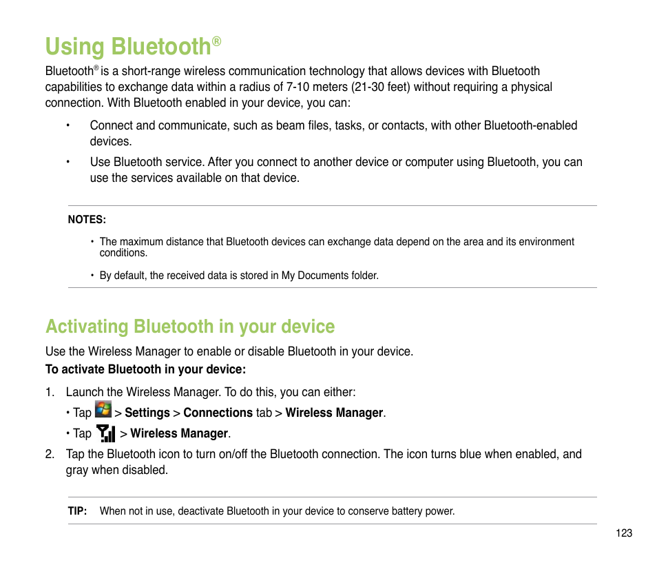Using bluetooth, Activating bluetooth in your device, Activating bluetooth in your device 3 | Asus P835 User Manual | Page 123 / 201