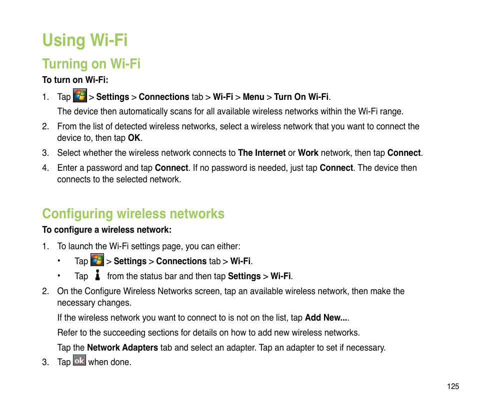 Using wi-fi, Turning on wi-fi, Configuring wireless networks | Asus P835 User Manual | Page 125 / 201