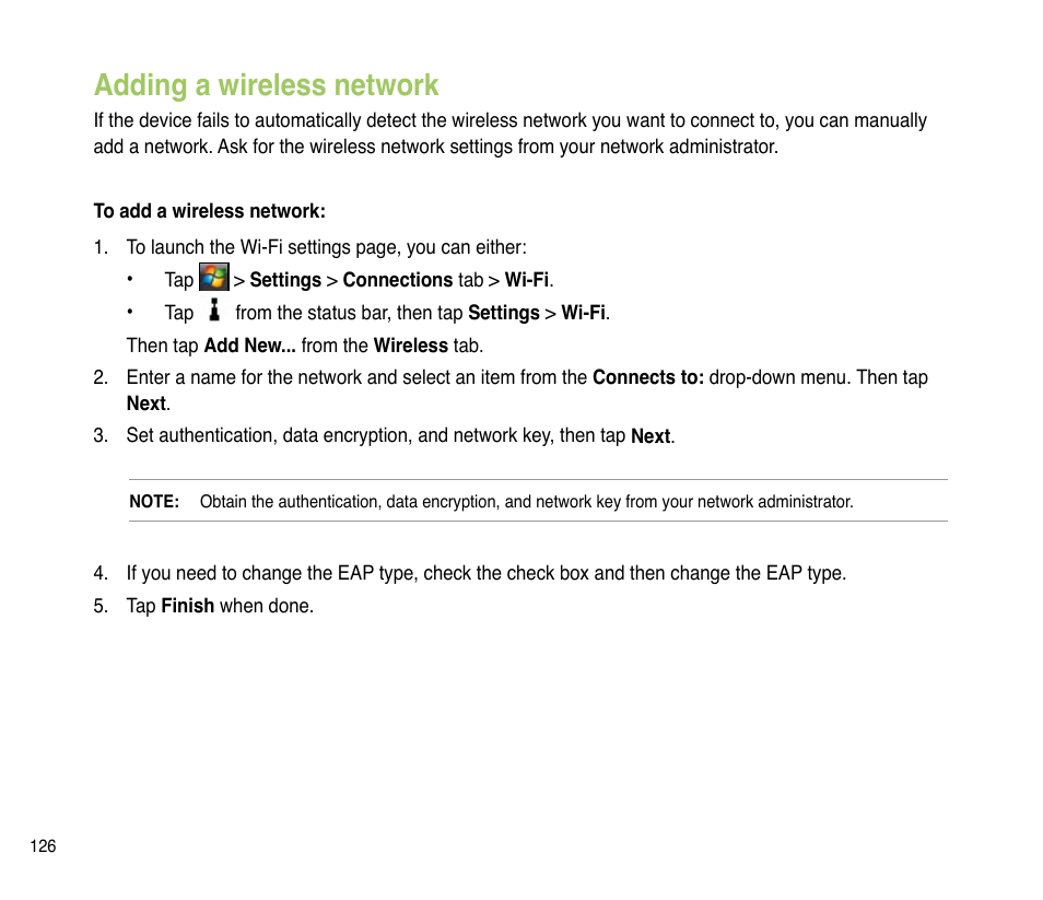 Adding a wireless network, Adding a wireless network 6 | Asus P835 User Manual | Page 126 / 201