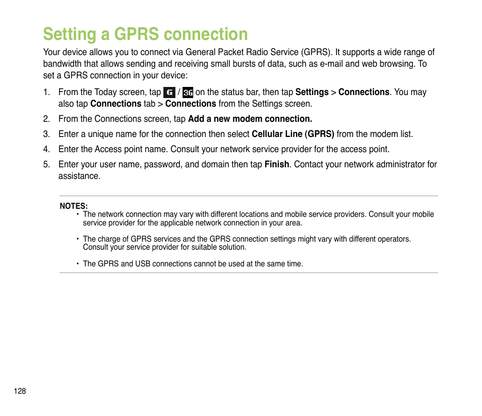 Setting a gprs connection | Asus P835 User Manual | Page 128 / 201