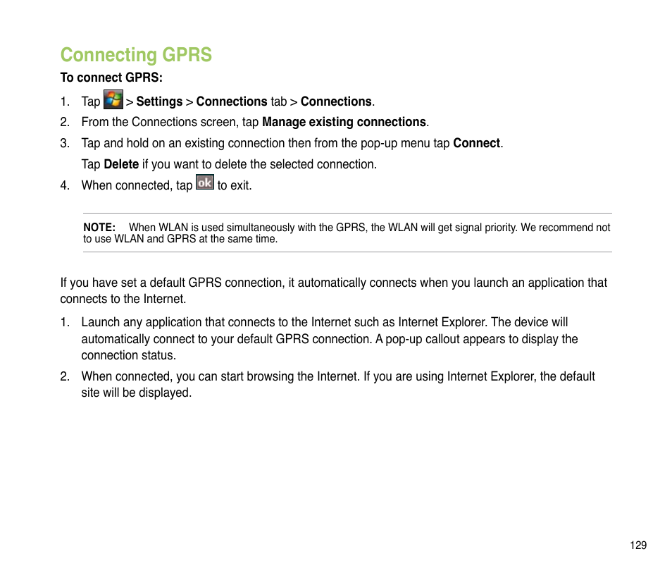 Connecting gprs, Connecting gprs 9 | Asus P835 User Manual | Page 129 / 201