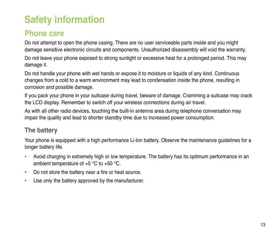 Safety information, Phone care | Asus P835 User Manual | Page 13 / 201