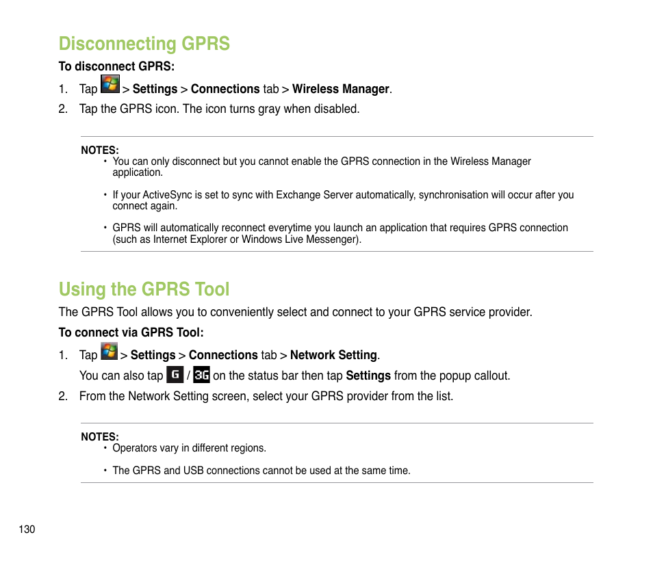 Disconnecting gprs, Using the gprs tool, Disconnecting gprs using the gprs tool | Asus P835 User Manual | Page 130 / 201