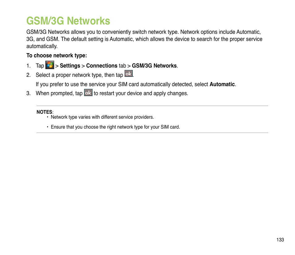 Gsm/3g networks | Asus P835 User Manual | Page 133 / 201