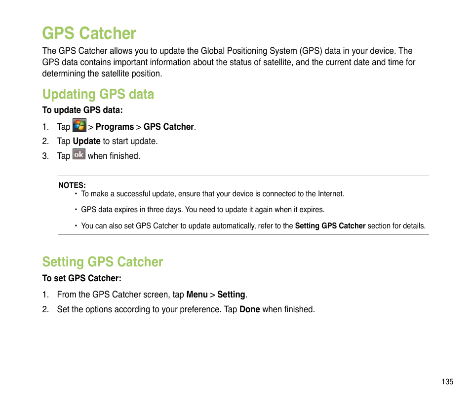 Gps catcher, Updating gps data, Setting gps catcher | Updating gps data setting gps catcher | Asus P835 User Manual | Page 135 / 201