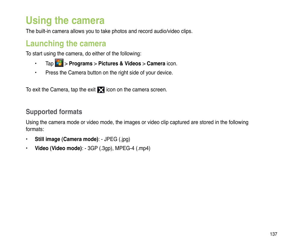 Using the camera, Launching the camera | Asus P835 User Manual | Page 137 / 201