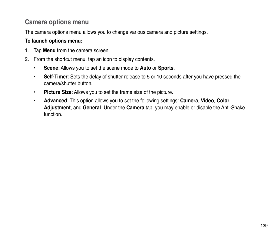 Camera options menu | Asus P835 User Manual | Page 139 / 201