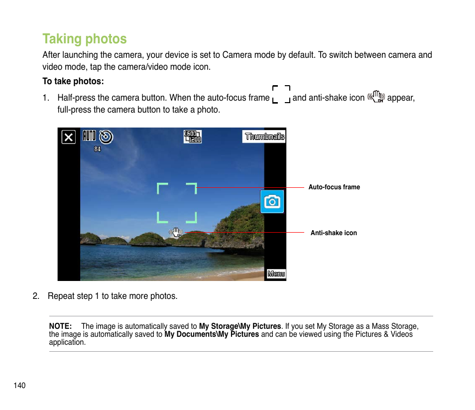 Taking photos | Asus P835 User Manual | Page 140 / 201