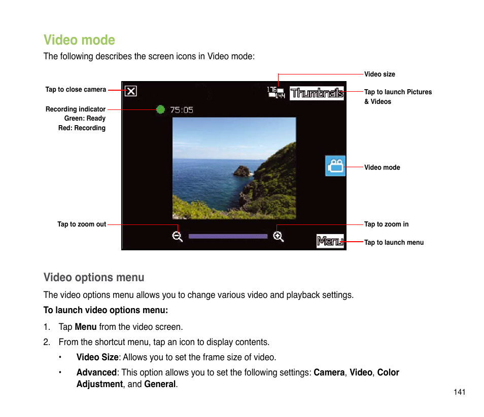 Video mode, Video options menu | Asus P835 User Manual | Page 141 / 201