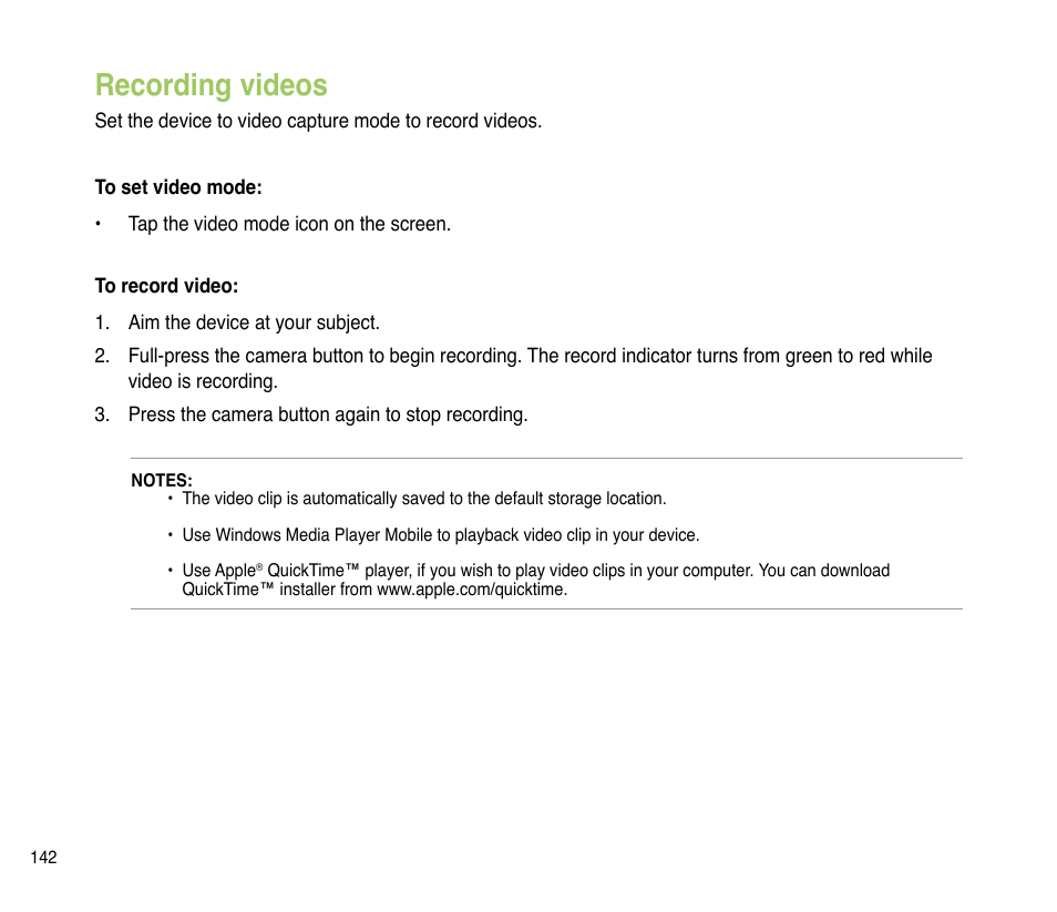 Recording videos | Asus P835 User Manual | Page 142 / 201