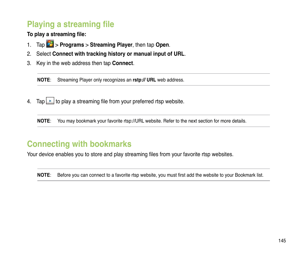 Playing a streaming file, Connecting with bookmarks, Playing a streaming file connecting with bookmarks | Asus P835 User Manual | Page 145 / 201