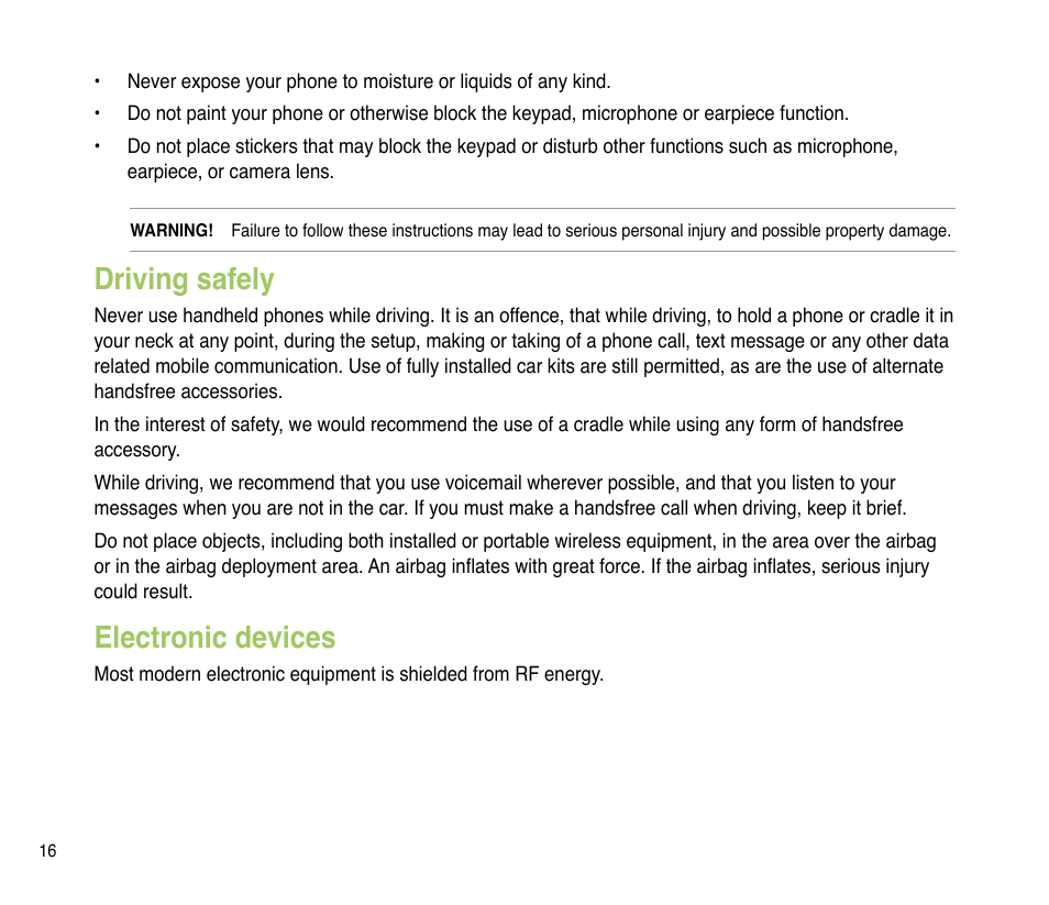 Driving safely, Electronic devices | Asus P835 User Manual | Page 16 / 201