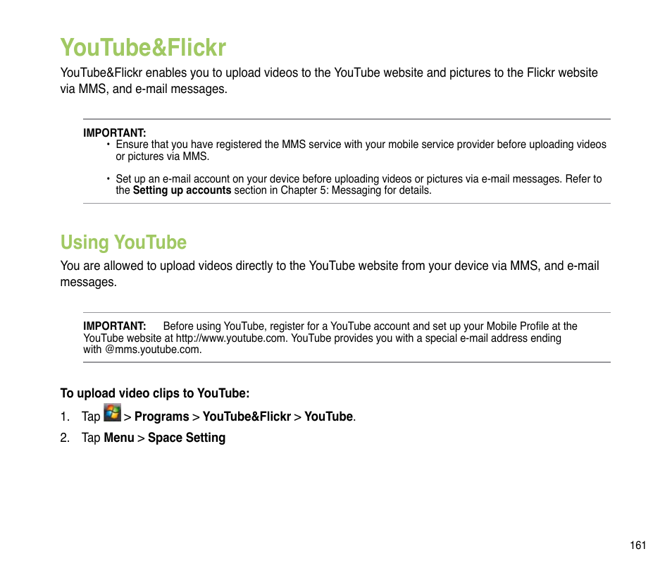 Youtube&flickr, Using youtube | Asus P835 User Manual | Page 161 / 201