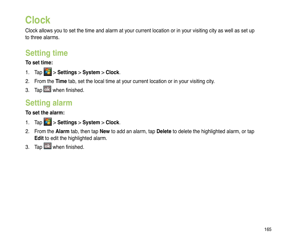 Clock, Setting time, Setting alarm | Setting time setting alarm | Asus P835 User Manual | Page 165 / 201