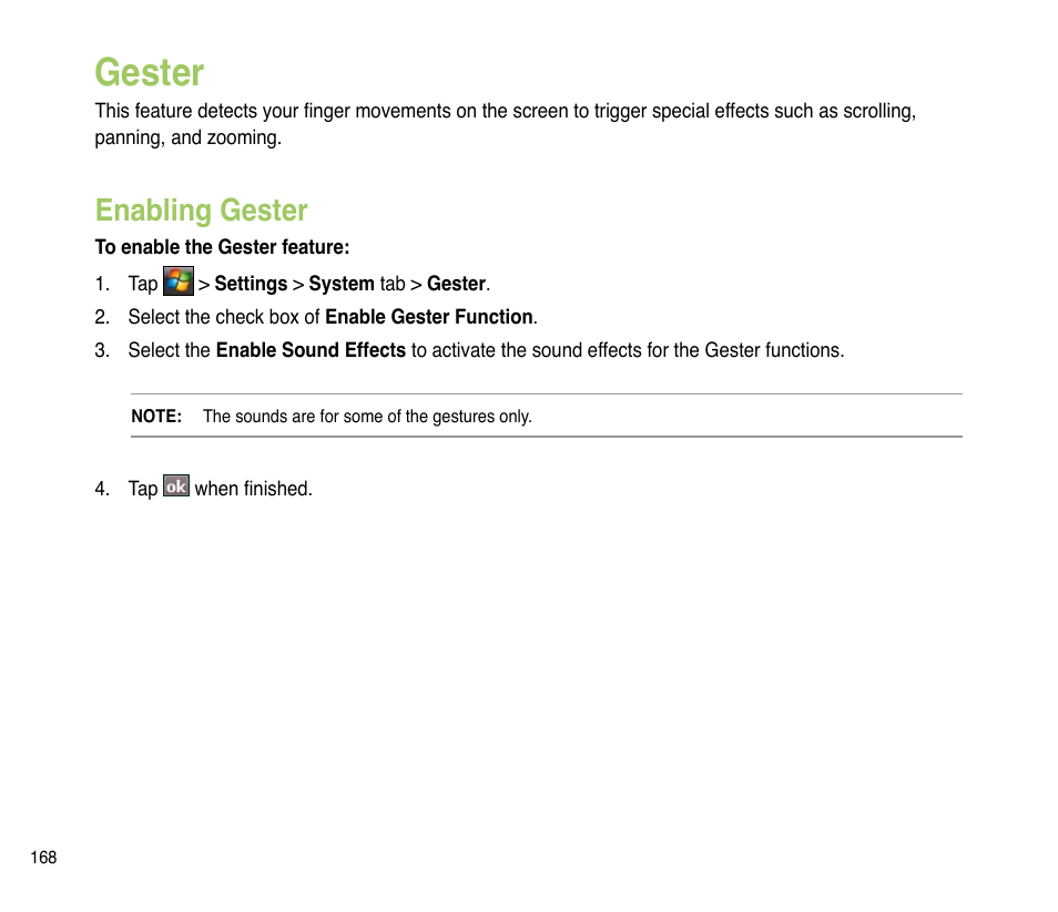 Gester, Enabling gester | Asus P835 User Manual | Page 168 / 201