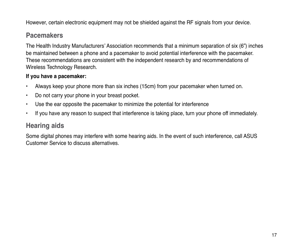 Pacemakers, Hearing aids | Asus P835 User Manual | Page 17 / 201