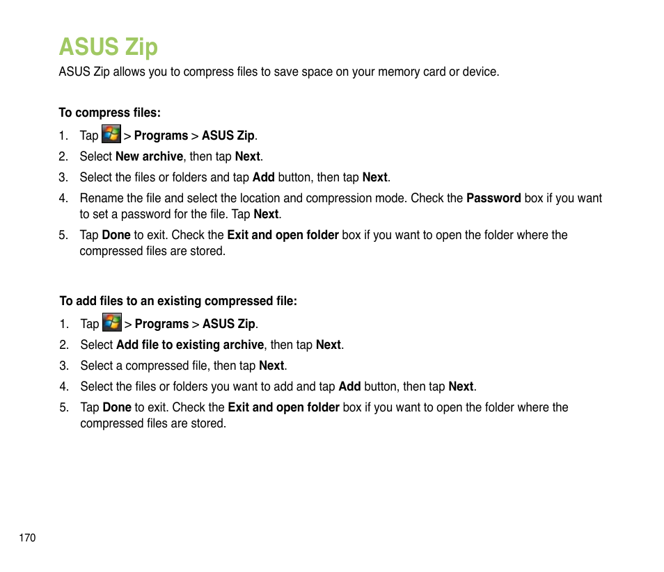 Asus zip | Asus P835 User Manual | Page 170 / 201