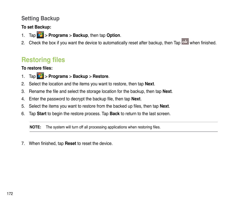 Restoring files, Setting backup | Asus P835 User Manual | Page 172 / 201