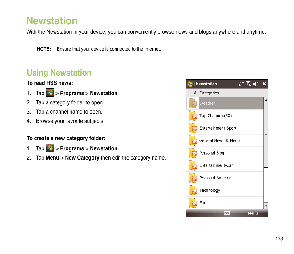 Newstation, Using newstation | Asus P835 User Manual | Page 173 / 201