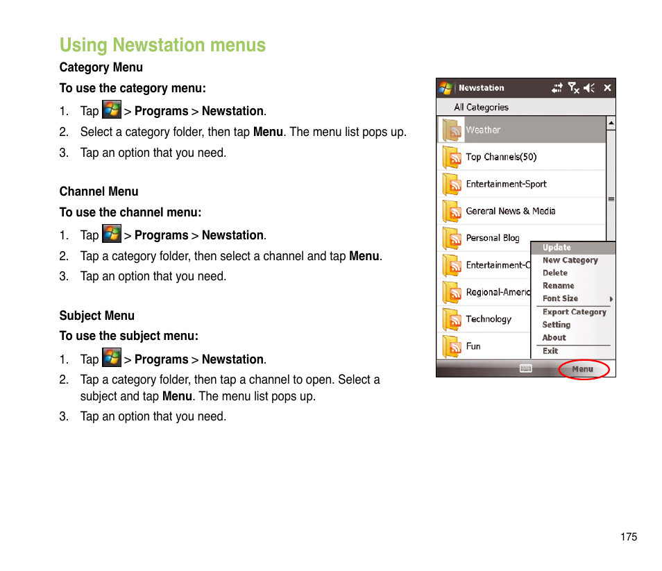 Using newstation menus | Asus P835 User Manual | Page 175 / 201