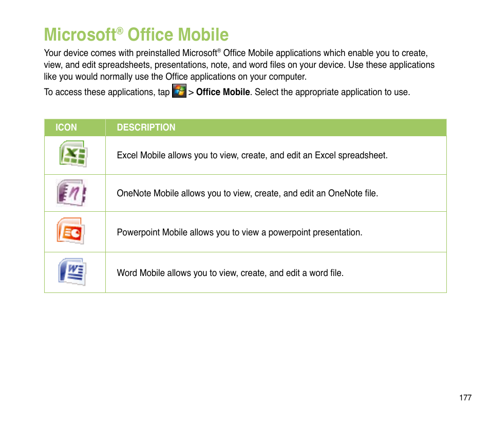 Microsoft® office mobile, Microsoft, Office mobile | Asus P835 User Manual | Page 177 / 201