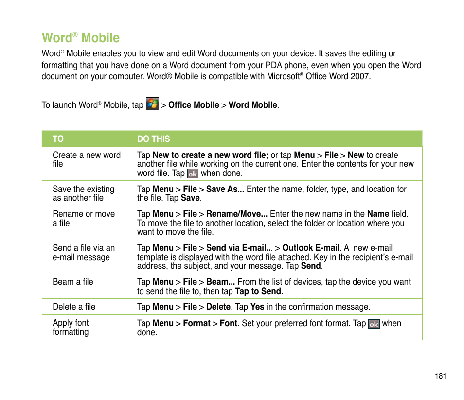 Word® mobile, Word, Mobile | Asus P835 User Manual | Page 181 / 201