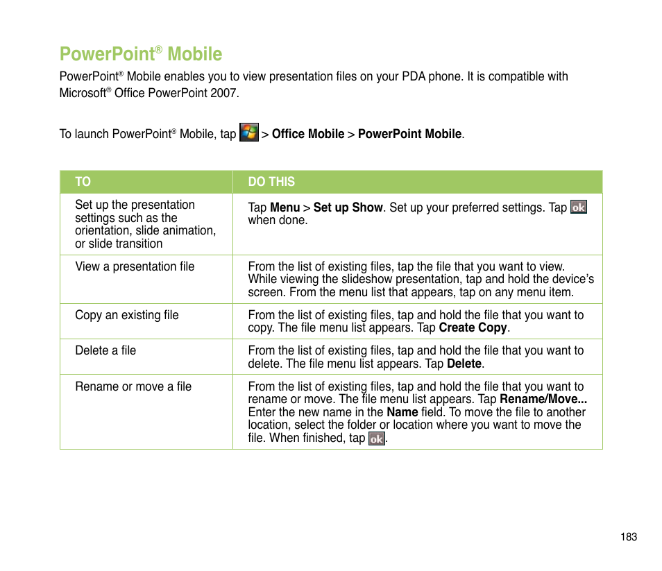 Powerpoint® mobile, Powerpoint, Mobile | Asus P835 User Manual | Page 183 / 201