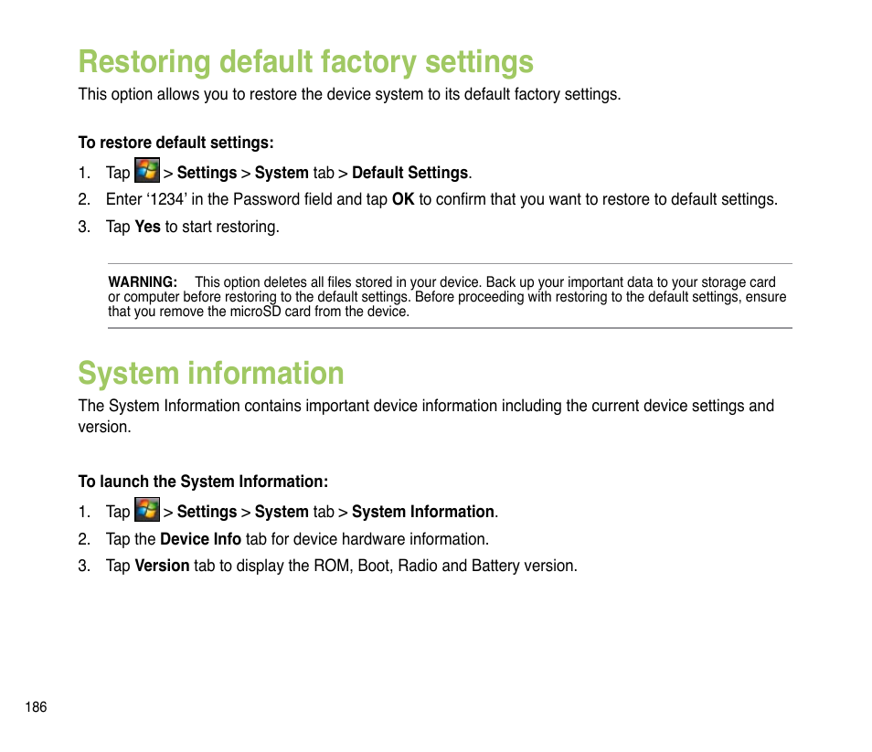 Restoring default factory settings, System information | Asus P835 User Manual | Page 186 / 201