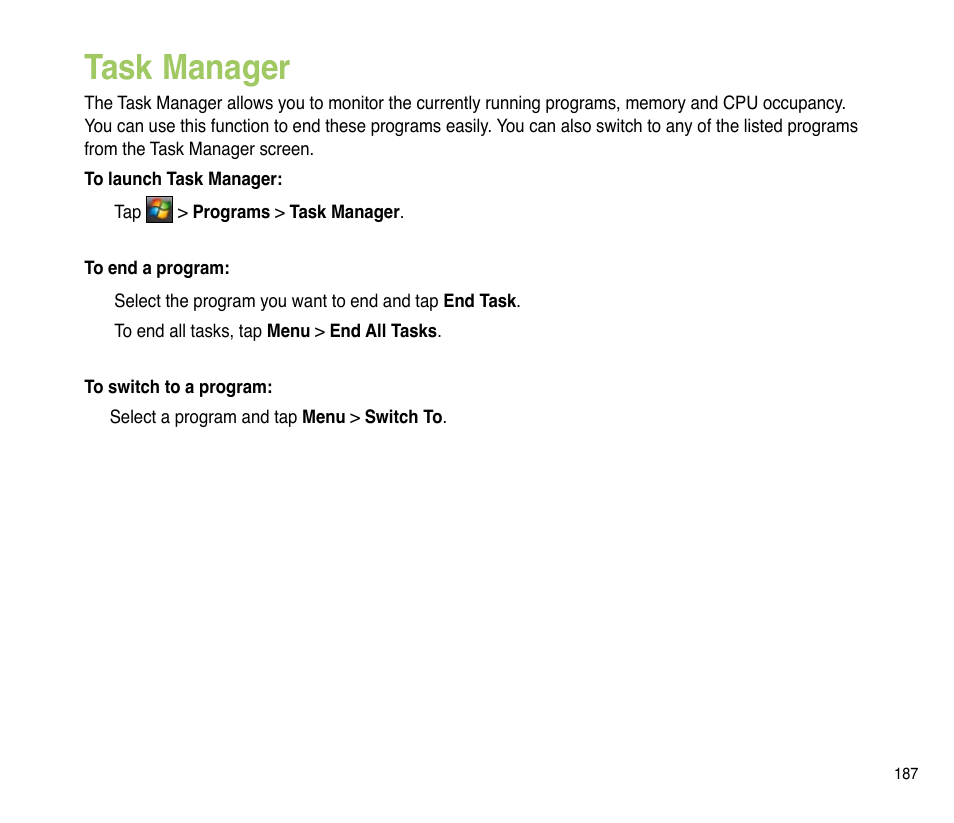 Task manager | Asus P835 User Manual | Page 187 / 201