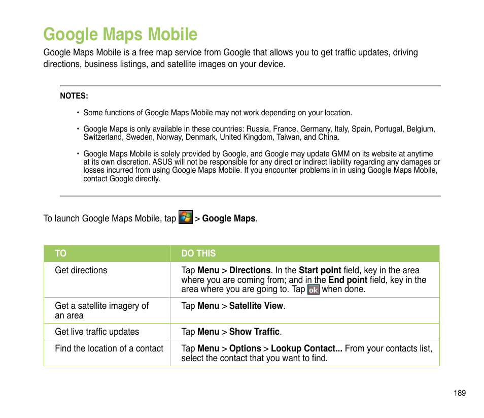 Google maps mobile | Asus P835 User Manual | Page 189 / 201