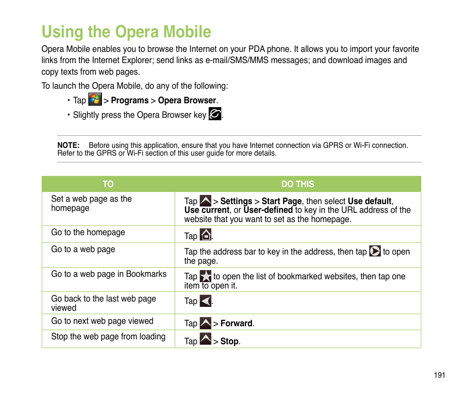 Using the opera mobile | Asus P835 User Manual | Page 191 / 201