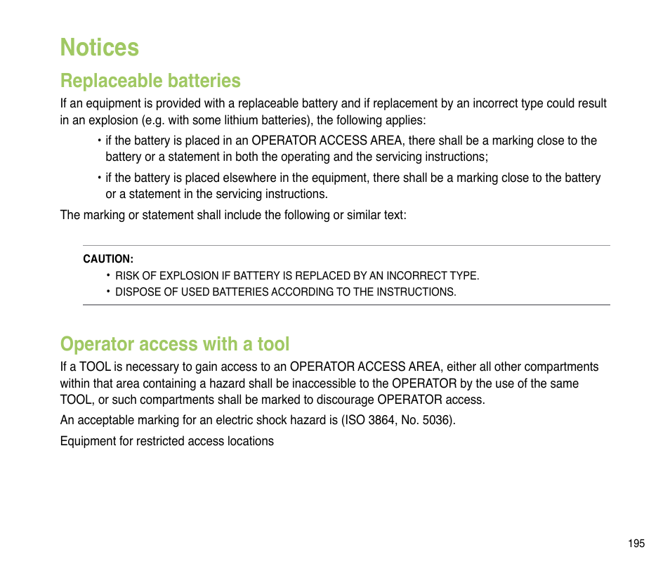 Notices, Replaceable batteries, Operator access with a tool | Asus P835 User Manual | Page 195 / 201