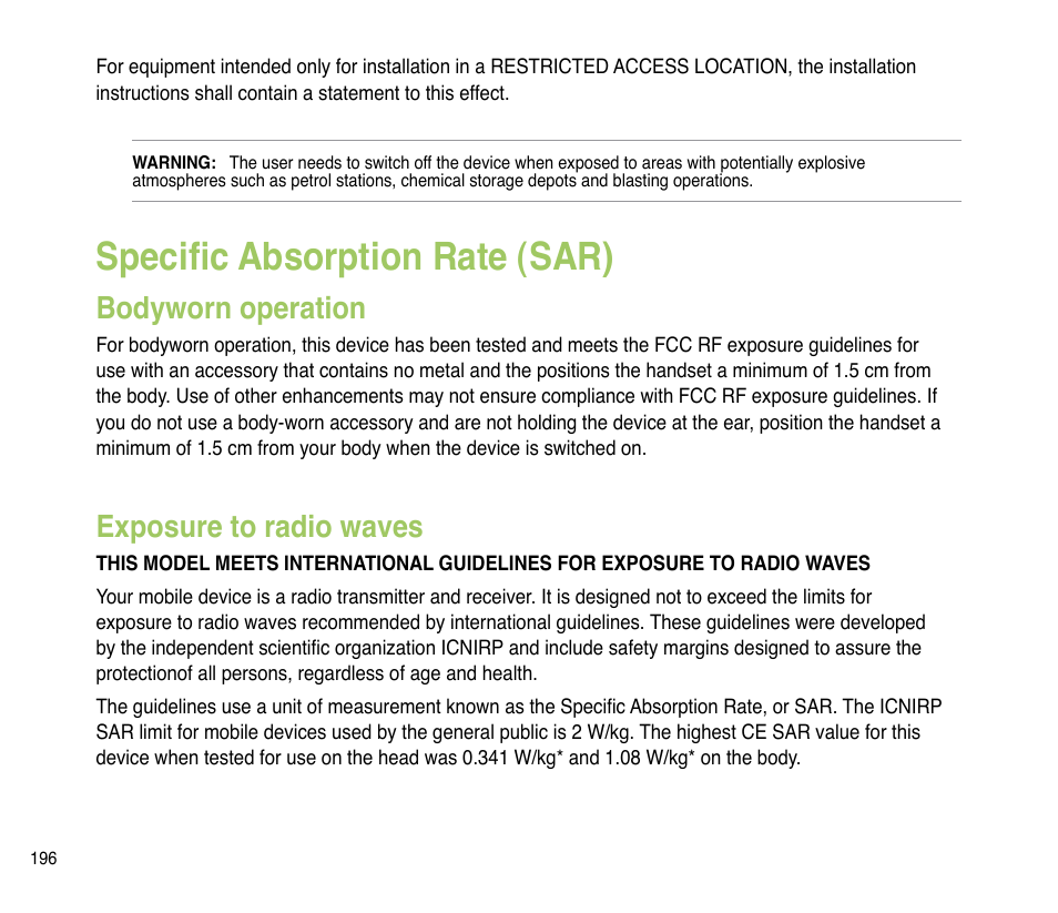 Specific absorption rate (sar), Bodyworn operation, Exposure to radio waves | Asus P835 User Manual | Page 196 / 201