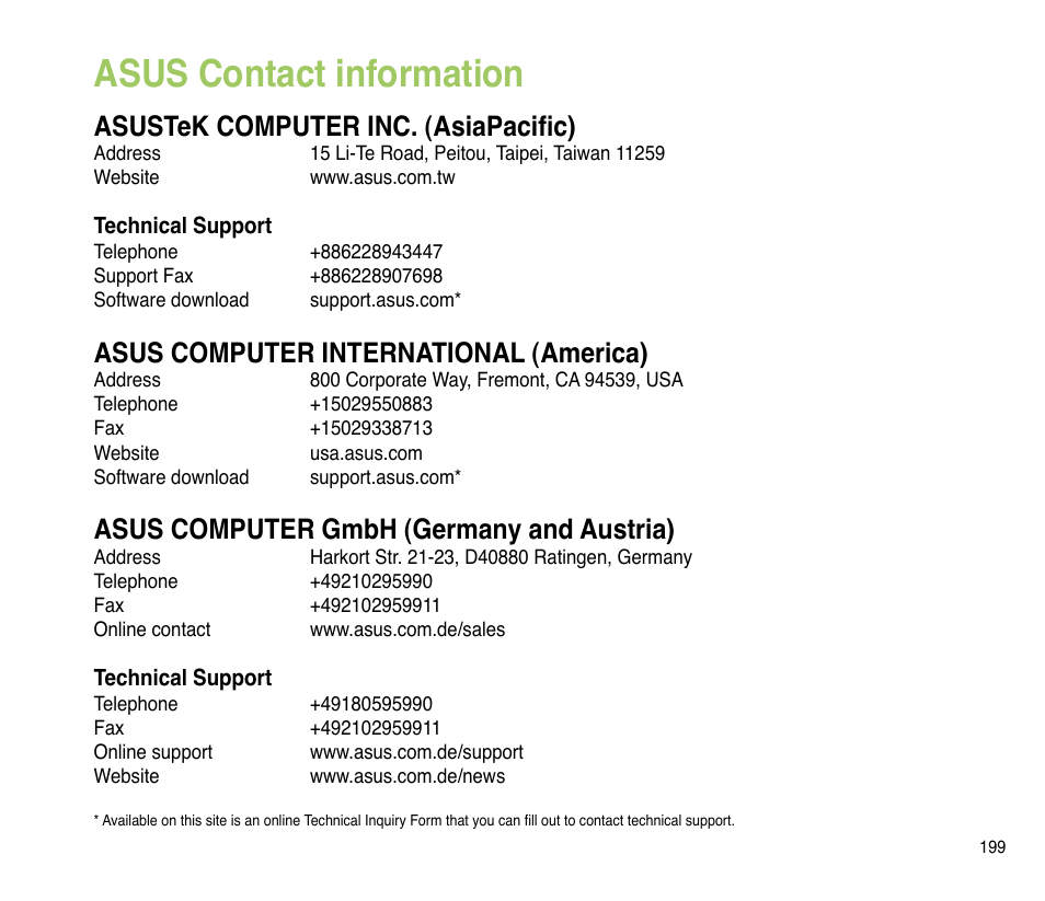 Asus contact information, Asustek computer inc. (asiapacific), Asus computer international (america) | Asus computer gmbh (germany and austria) | Asus P835 User Manual | Page 199 / 201