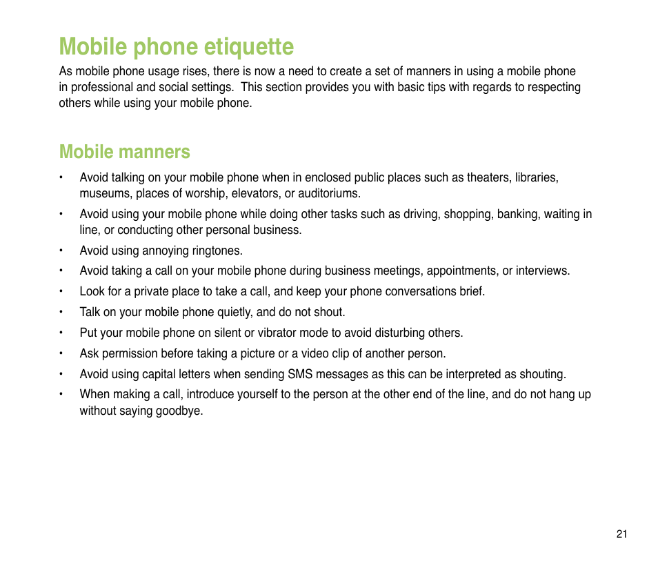 Mobile phone etiquette, Mobile manners | Asus P835 User Manual | Page 21 / 201