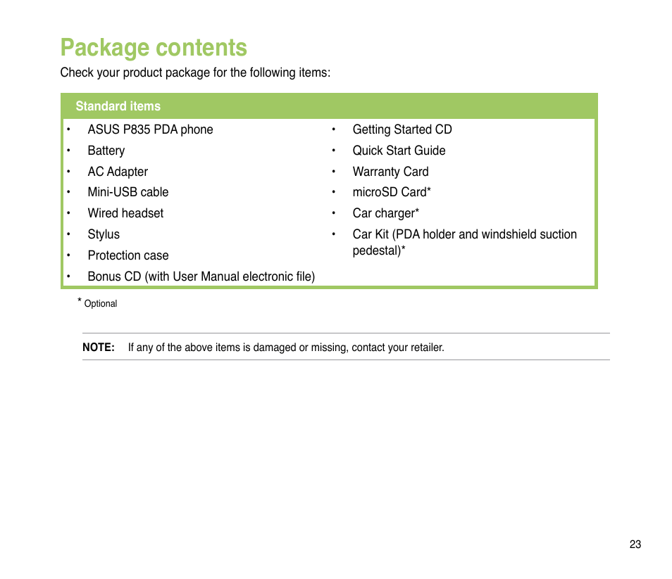 Package contents | Asus P835 User Manual | Page 23 / 201