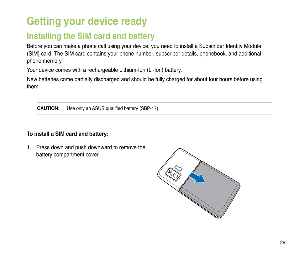 Getting your device ready, Installing the sim card and battery | Asus P835 User Manual | Page 29 / 201