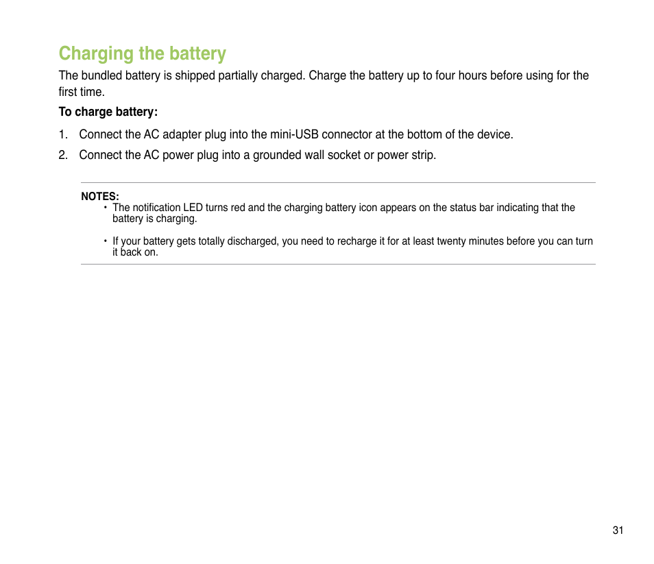 Charging the battery | Asus P835 User Manual | Page 31 / 201