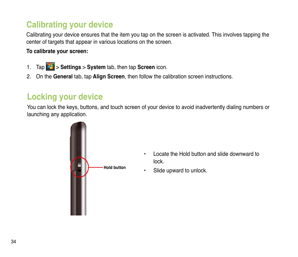 Calibrating your device, Locking your device, Calibrating your device locking your device | Asus P835 User Manual | Page 34 / 201