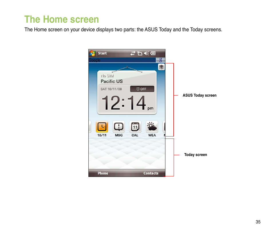 The home screen | Asus P835 User Manual | Page 35 / 201