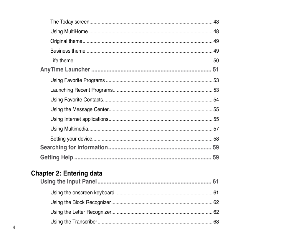 Chapter 2: entering data | Asus P835 User Manual | Page 4 / 201